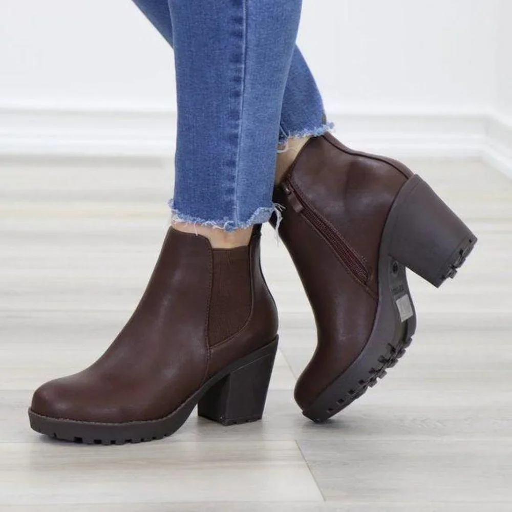 Lug Sole Ankle Boots Brown Chelsea Booties - Picture 14 of 15
